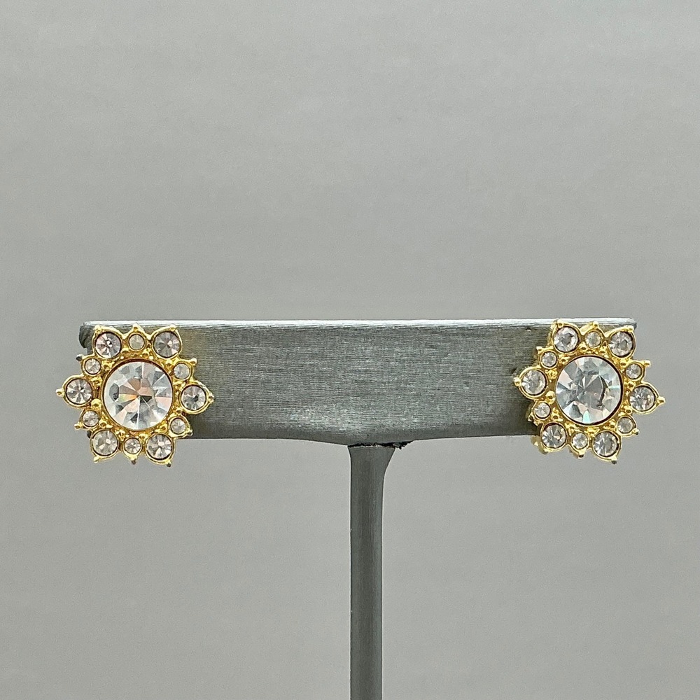 Napier Earrings Women Gold Tone Rhinestone Flower Screw Back Clip On Vintage